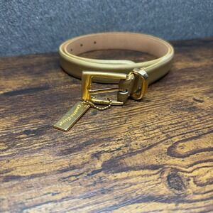 Charter Club Metallic Gold Leather Belt Size Medium Gold Buckle Logo Charm